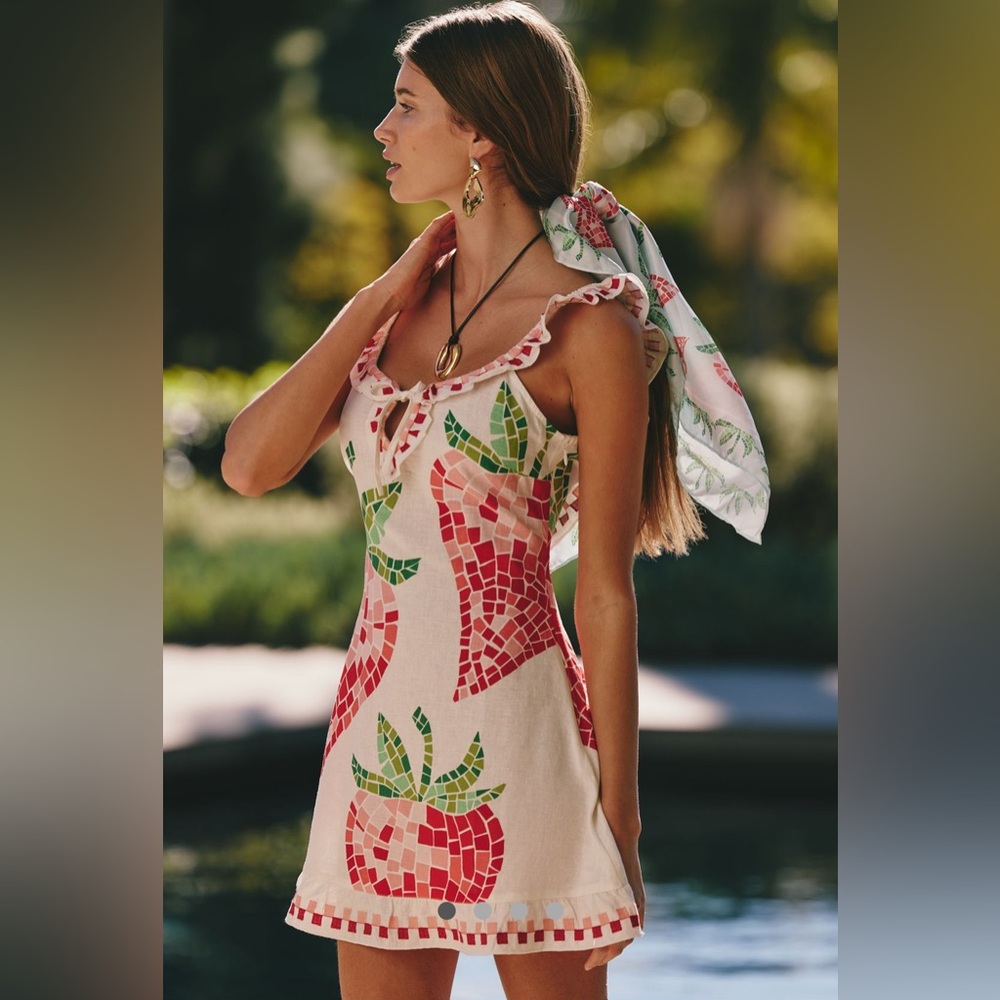 Backless Summer Mini Dress with Red Mosaic Fruit Print Brand New with tags